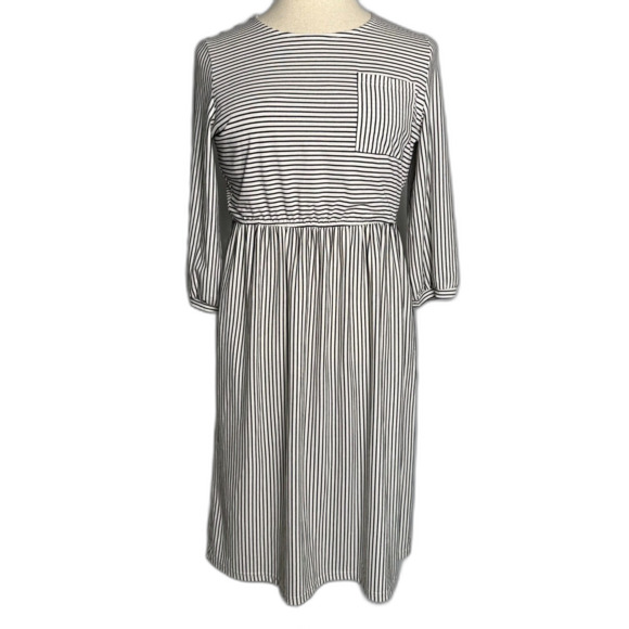 Merokeety Midi Black & White Stripe Dress, Sz L, 3/4 Sleeves, Pockets NWOT 2/$25 - Picture 1 of 14